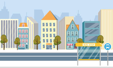 Beautiful Streets Big City, Vector Illustration. On Flat Asphalt Road, There is Stop for Public Transport. Trees Grow near Road, Houses for Living are Built Nearby. Deserted City Street.のイラスト素材