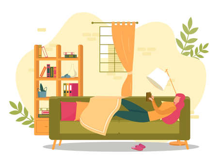 Woman Laying on Couch Holding Book Vector Illustration. Girl Reading in Living Room. Study, Learning, Education at Home. Free Time Relaxation. Interior with Sofa, Lamp, Bookcase, Windowのイラスト素材