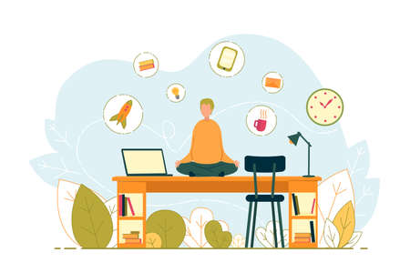 Businessman in Meditative Relaxing Yoga Pose at Workplace. Stress Relief and Keeping Calm in Multitasking. Time Management, Task Planning and Burnout at Work Prevention. Flat Vector Illustration.のイラスト素材