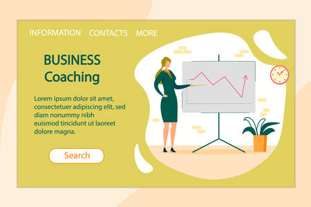 Business Coaching Horizontal Banner. Woman Leader of Company or Coach Conducting Training Stand at Chartboard with Data Analysis Graphs Explain Development Strategy. Cartoon Flat Vector Illustration.のイラスト素材