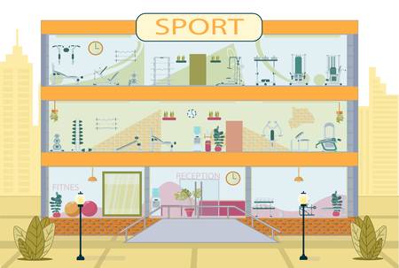 Detailed Sport Center. Contemporary Three-Storied Building Exterior. Gym, Fitness Room Inside. Modern Equipment and Training Machine. Reception Area. Workout Location. Vector Illustrationのイラスト素材