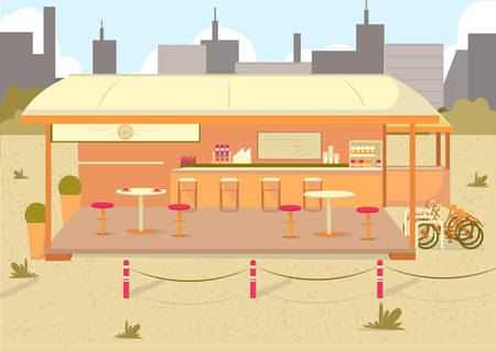 Nice Place to Grab Bite When Weather Warms Up. Restaurant with Outdoor Seating. Open Air Dining Option with Bicycle Parking Rack. Big City with Skyscrapers and Office Buildings in Background.のイラスト素材