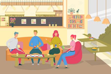Friends Play Board Game in Cafe Flat Illustration. People Drinking Juice and Resting. Recreation in Restaurant, Friendly Meeting Illustration. Male and Female Cartoon Characters Desktop Game Challengeのイラスト素材