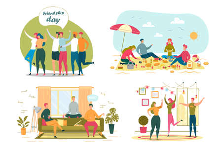 Friends Recreation Flat Vector Illustrations Set. Friendship Day Home Party. People Group Hugging, Spending Time Together Isolated Design Elements Collection. Cartoon Characters Communicationのイラスト素材
