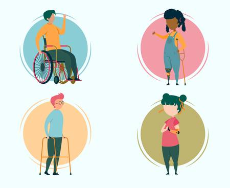 Children Characters with Disabilities Flat Cartoon Vector Illustration. Boy on Wheelchair, Girl Standing on Cruntch with Leg Prosthesis. Boy Going with Walkers Help. Girl with Arm Prosthesis.のイラスト素材