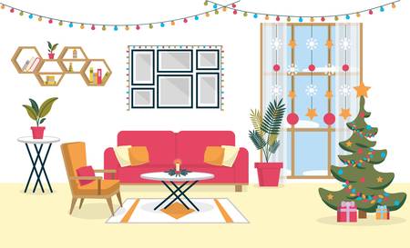 Festive Christmas Decoration Living Room Interior. Room Decorated Colorful Lights, Garlands and Christmas Tree. Sofa, Armchair and Table with Candlestick in Center. Frames, Shelves Hang on Wallのイラスト素材