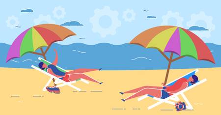 Adult Woman Lying on Chaise and Relaxation under Umbrella. Tourist Enjoy Summertime in Seashore. Female Character Rest near Ocean under Summer Sky. Modern Flat Cartoon Vector Illustrationのイラスト素材
