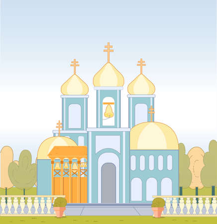 Christian Orthodox Church Building with Bell, Crosses on Domes. Holy God traditional Symbol. City Landmark. Religion Architecture Design. Natural Landscape with Temple. Vector illustrationのイラスト素材