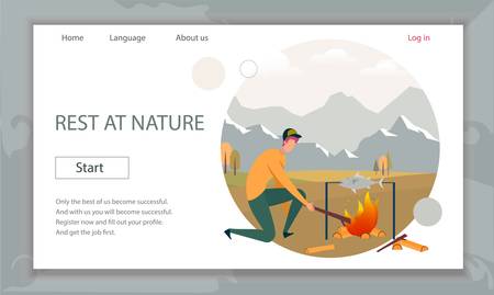 Young Man Having Rest at Nature, Spend Time at Summer Camp in Forest. Tourist Hiker Cooking Fish at Campfire. Hiking, Summertime Activity, Leisure. Cartoon Flat Vector Illustration, Horizontal Banner.のイラスト素材