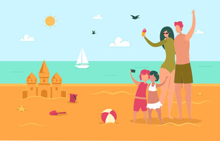 Happy Family on Summertime Vacation. Mom, Dad and Two Daughters on Sea Beach. Parents and Children Characters Making Selfie, Eating Ice Cream, Building Sand Castle. Cartoon Flat Vector Illustrationのイラスト素材