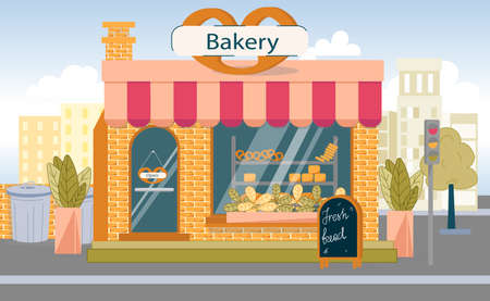 Bakery Shop Building with Fresh Bread Ad Chalk Board and Trash Can on City Street. Front View on Architectural Facade. Showcases Stores. Cityscape with Traffic Light on Backdrop. Vector Illustrationのイラスト素材