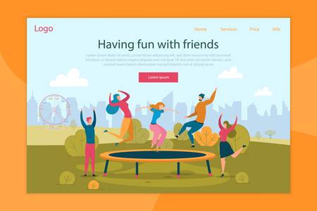 Trampoline Jumping Flat Landing Page Template. Happy People Having Fun. Best Friends Recreation in Amusement Park Web Banner Vector Layout with Text Space. Group Leisure Activity on Natureのイラスト素材