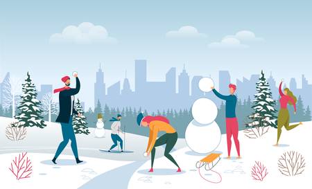 Outdoor Urban Winter Activity Vector Illustration. Wintertime Recreation, Vacation. Seasonal Leisure Flat Composition. Cartoon Characters Having Fun in City Park. Man Building Snowmanのイラスト素材