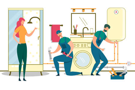 Team of Plumbers Install Water Heater in Bathroom. Housewife Watching Working Process, Workers Set Up Boiler Using Professional Instruments. Tech Maintenance Service. Cartoon Flat Vector Illustrationのイラスト素材