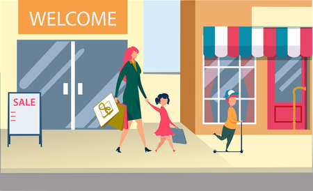 Happy Family Shopping Spare Time. Mother and Little Kids Holding Paper Bags after Visiting Supermarket for Purchases. Children with Mom Leaving Shop Market on Weekend. Cartoon Flat Vector Illustrationのイラスト素材