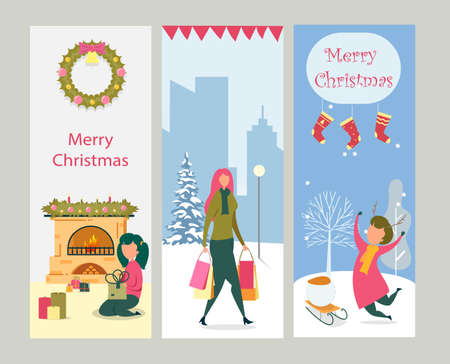 Set Greeting Cards, Flyers, Merry Christmas Bannerのイラスト素材