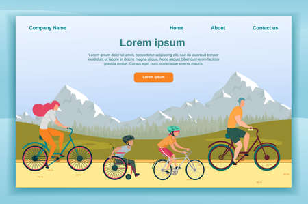 Bicycle Family Ride Together with Disabled Kid. Mom, Dad, Daughter, and Little Son in Wheelchair, Spending Active Weekend Together in Open. Flat Vector Landing Page with Copy Space for Extra Text.のイラスト素材