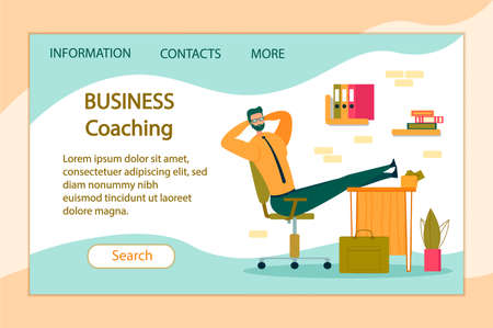 Business Coaching Horizontal Banner. Lazy Office Worker with Hands behind of Head Sit in Office with Legs on Desk. Useless and Relaxing Man Taking Break from Work Cartoon Flat Vector Illustration.のイラスト素材
