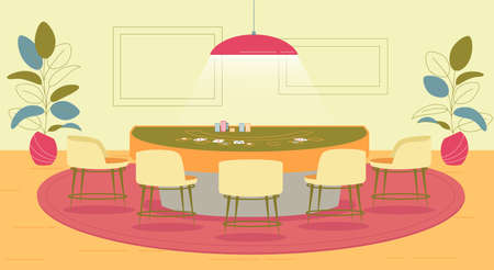 Table Play Poker in Casino, Place For Gambling. Bright Chandelier Hang above Large Round Table. Chair Around Table on Quality Carpet. On Side Decorative Plant in Pot, Picture on Wall.のイラスト素材