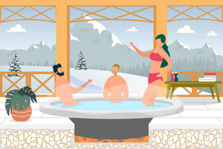 People Having Winter Vacation in Mountain. Man and Woman Sitting in Hot Water in Vat. Heated Water Therapy, Relaxation and Rest on Nature. Character Enjoying Outdoor Thermal Vector Illustration.のイラスト素材