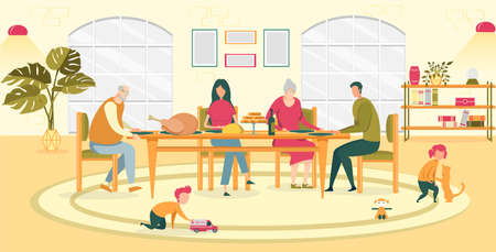 Hearty Dinner in Large Family with Elderly Parent. Elderly Parent in House their Adult Children. They Sitting at Table and Eating. Little Grandchildren Play nearby on Carpet with Toy and Cat.のイラスト素材