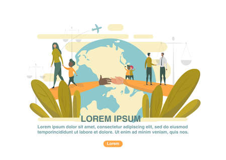 International Handshake and Cooperation on World Map or Globe Background. Business People Making Agreement, Children Having Different Nationality Flat Cartoon Web Design Vector Illustration.のイラスト素材