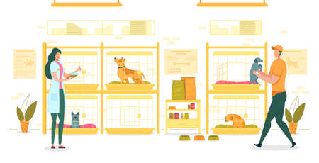 Shelter for Dogs with Workers Flat Cartoon Vector Illustration. Empty Cells or Cages or with Animals. Girl in Coat with Badge Holding List. Man in Uniform Carrying Small Puppy in his Arms.のイラスト素材