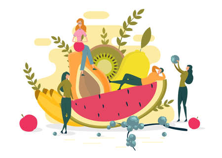 Young People with Fruit. Man Lying on Watermelon Slice. Woman Holding Blueberry. Kiwi, Banana, Pear on Background. Healthy Lifestyle, Organic Fresh Food. Diet Flat Vector Illustration.のイラスト素材