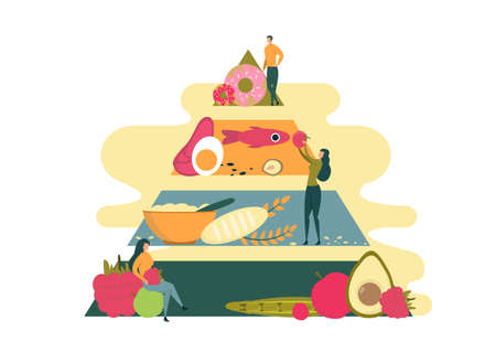 Various Product Pyramid, Balanced Healthy Diet. Woman at Sonation Next to Vegetable and Fruit, Berry. Cereal, Wheat and Flour. Food with Protein, Meat, Egg and Fish. Man at Top next to Donut.のイラスト素材