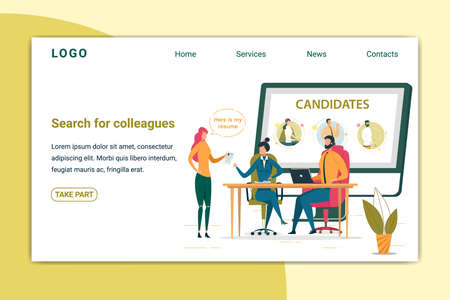 Search for Colleague Landing Page Vector Template. Recruitment Company Website Page Concept with Cartoon Characters. Employment and Labor Agency Web Banner, Webpage Layout with Text Spaceのイラスト素材