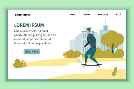 Young Hipster Man Skateboarding Outdoor in Urban City Park. Sport and Active Recreation on Weekends. Responsive Landing Page Design. Happy Teenager Character. Freedom Lifestyle. Vector Illustrationのイラスト素材