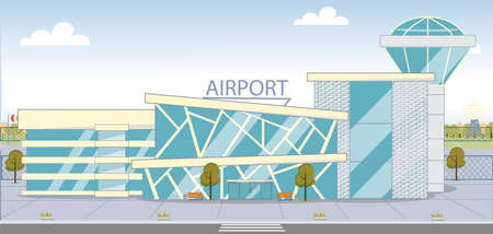 Modern City Airport Building Facade Exterior with Tower. Shiny Glass Walls Design. Architecture Construction for Trips and Travels. Aviation Infrastructure. Vector Flat Style illustrationのイラスト素材