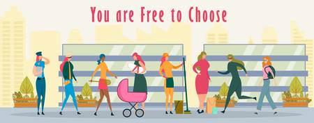 Woman Free to Choose Future Profession. Policewoman in Uniform, Tennis Player with Racket, Mother Holding Newborn Baby near Stroller, Cleaning Manager with Equipment Flat Cartoon Vector Illustration.のイラスト素材