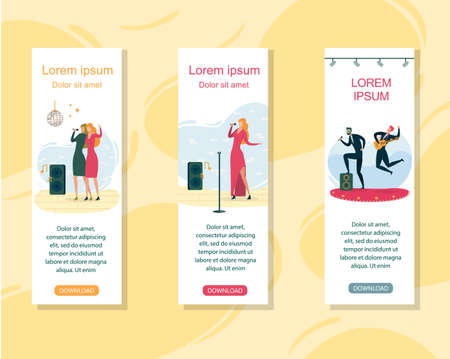 Women Hugging and Singing in Microphone. Girl Singer in Long Dress Performing at Stage. Musical Band Having Concert, Singing Pop and Playing Guitar Web Design Flat Cartoon Vector Illustration.のイラスト素材