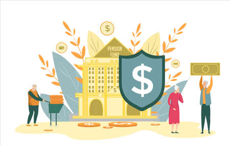 Old People Obtain Saving Money from Pension Fund. Pensioner in Casual Clothes near State Institution. Man Holding Big Banknote above, Granny Talking on Phone, Grandad and Wheelbarrow with Coin.のイラスト素材