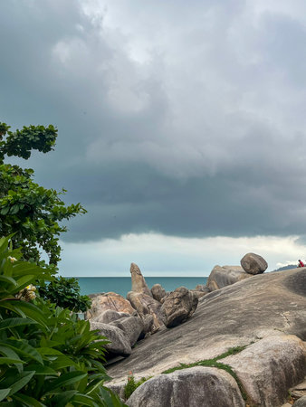Massive granite rock formations and tropical plants overlook the ocean along a scenic coastline....