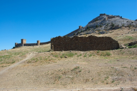 Ukraine, the Crimea, the Pike perch - on September 10 2012 - the Sudaksky fortress and the tourists walking in its territoryのeditorial素材