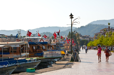 the beautiful embankment with the ships of the small resort town of Marmaris, Turkeyのeditorial素材