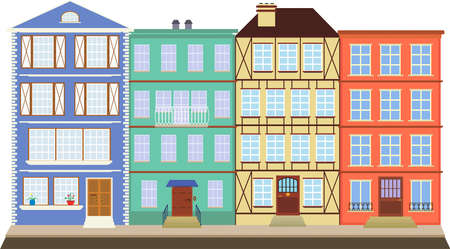 Four colored houses on the old street. Four houses like books on a shelf, are in the historic cityのイラスト素材