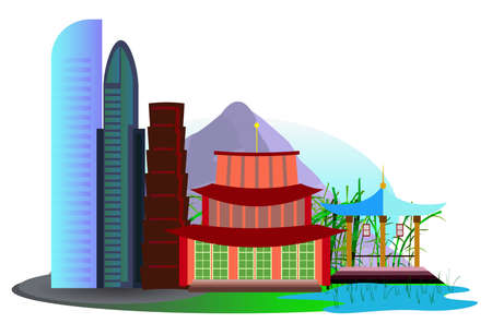 Asian city with skyscrapers, temples and rice fieldsのイラスト素材