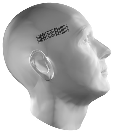 3D render of a human head with barcode stamp on white background. の写真素材
