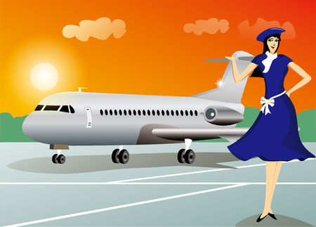 Stewardess with airplane travel backgroundのイラスト素材