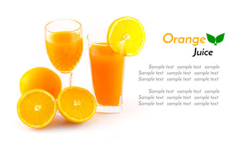 Orange Juice and slice isolate on white with sample textの写真素材