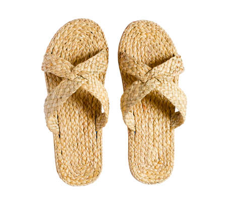 Sandals made from reed plant/Water Hyacinth isolated on white backgroundの写真素材