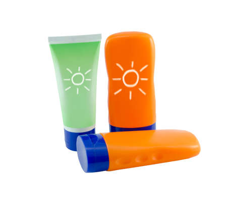 Summer concept : Beach items  Bottles with sunblock lotion isolated on white