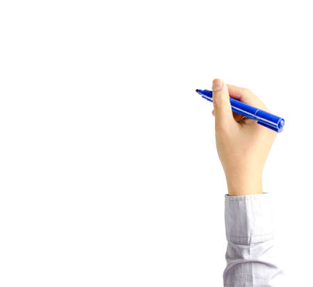 Right hand of young business man writing with blue pen maker isolate on white background の写真素材