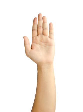 Hand of young man raised isolate on white with clipping path - front viewの写真素材