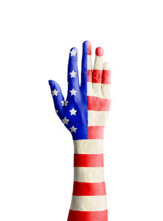 Hand of young man raised with United States of America flag patterned - Independence Day, isolate on white with clipping pathの写真素材