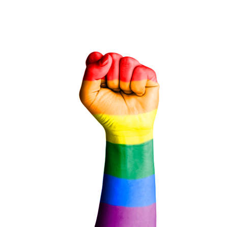 Fist hand with rainbow flag patterned isolate on white - Homosexual, gay and love conceptの写真素材