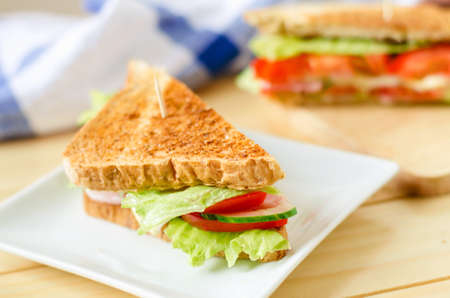 Close up of Healthy Sandwich in white dish - Turkey ham, tomato, green lettuce; cucumber;cheeseの写真素材